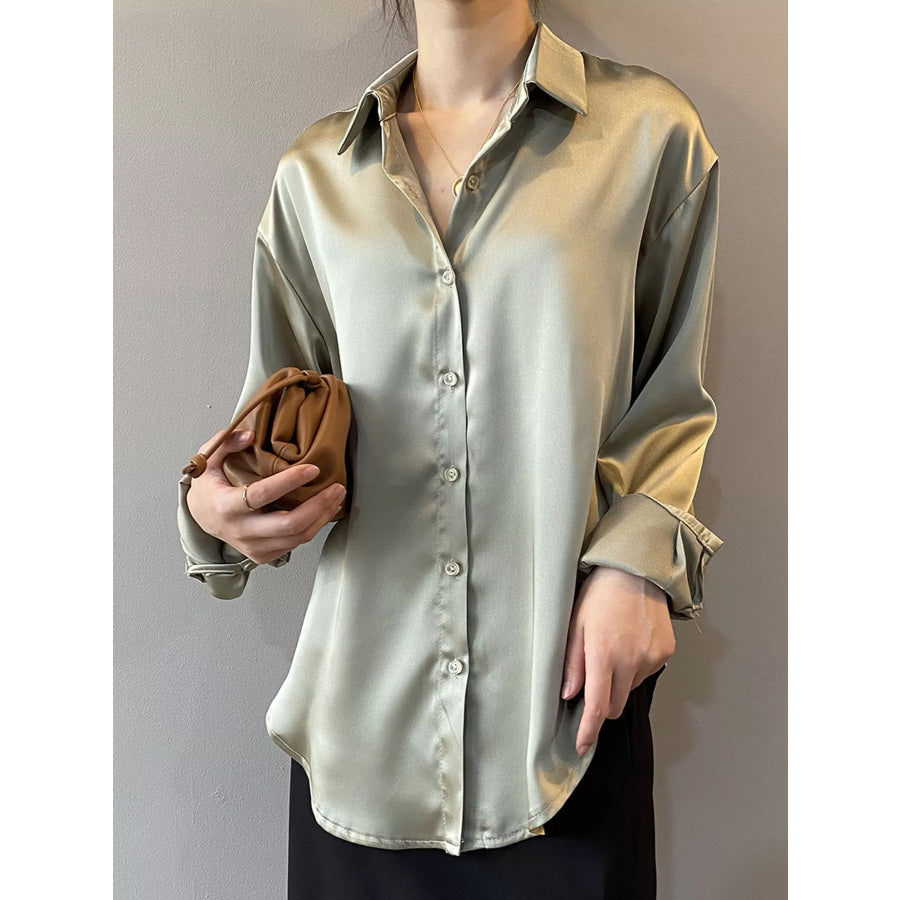 Satin Button-Down Long Sleeve Shirt Green / S Apparel and Accessories