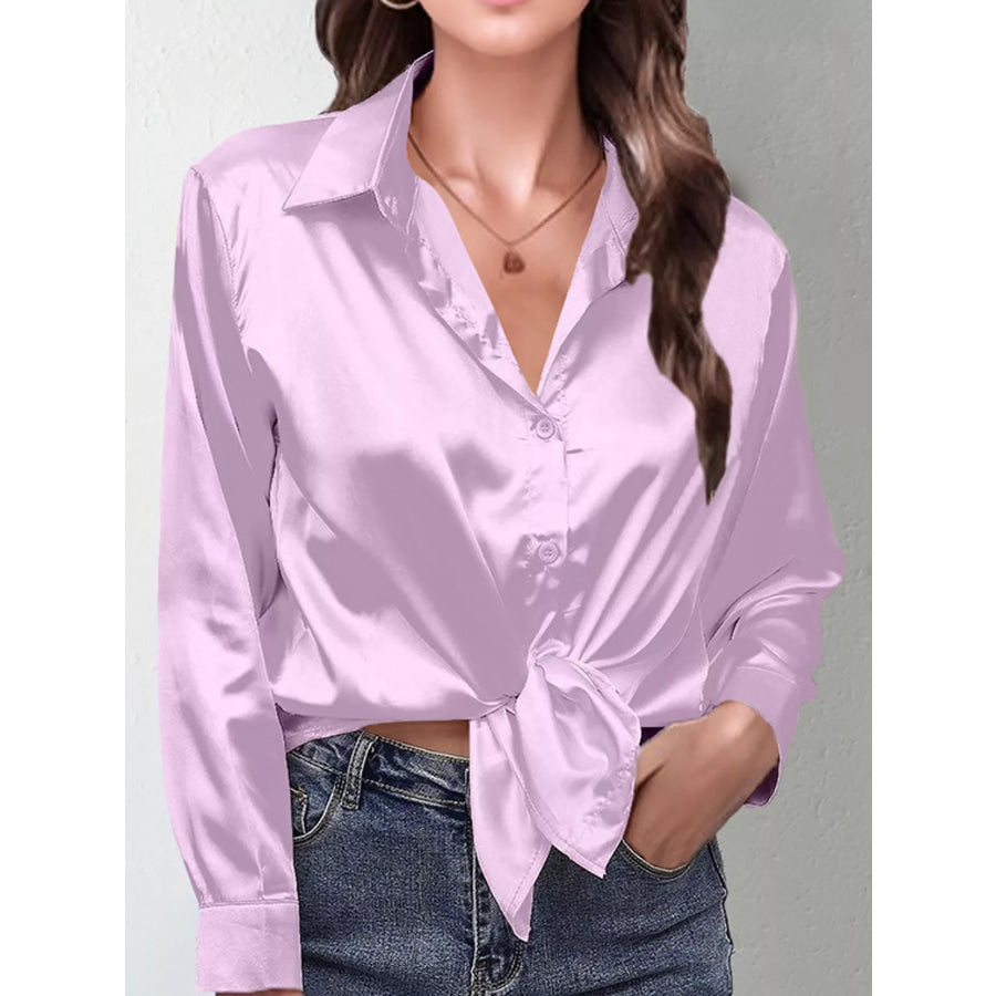 Satin Button-Down Long Sleeve Shirt Lavender / S Apparel and Accessories