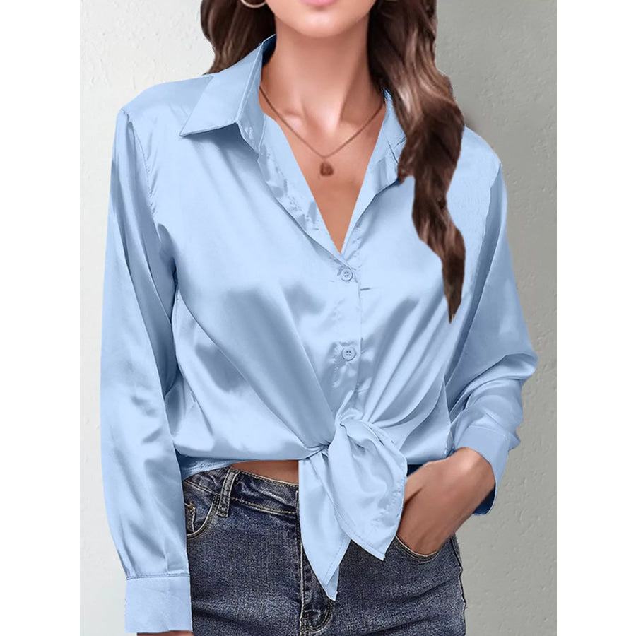 Satin Button-Down Long Sleeve Shirt Light Blue / S Apparel and Accessories