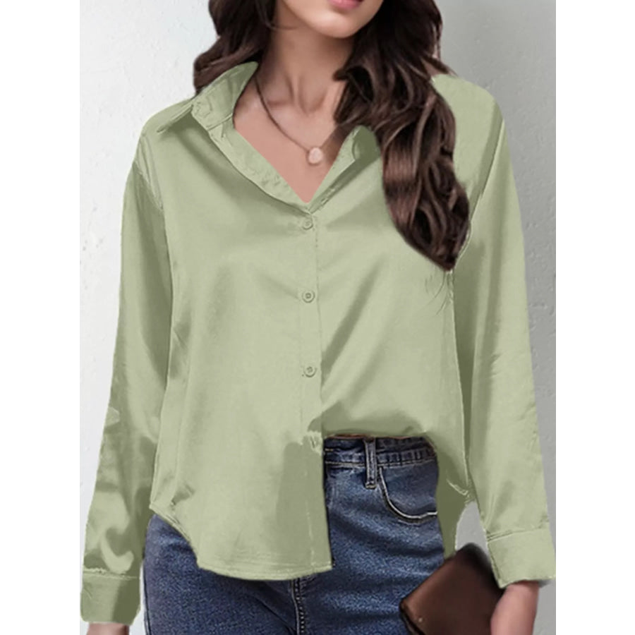 Satin Button-Down Long Sleeve Shirt Light Green / S Apparel and Accessories