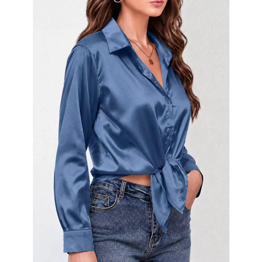 Satin Button-Down Long Sleeve Shirt Navy / S Apparel and Accessories