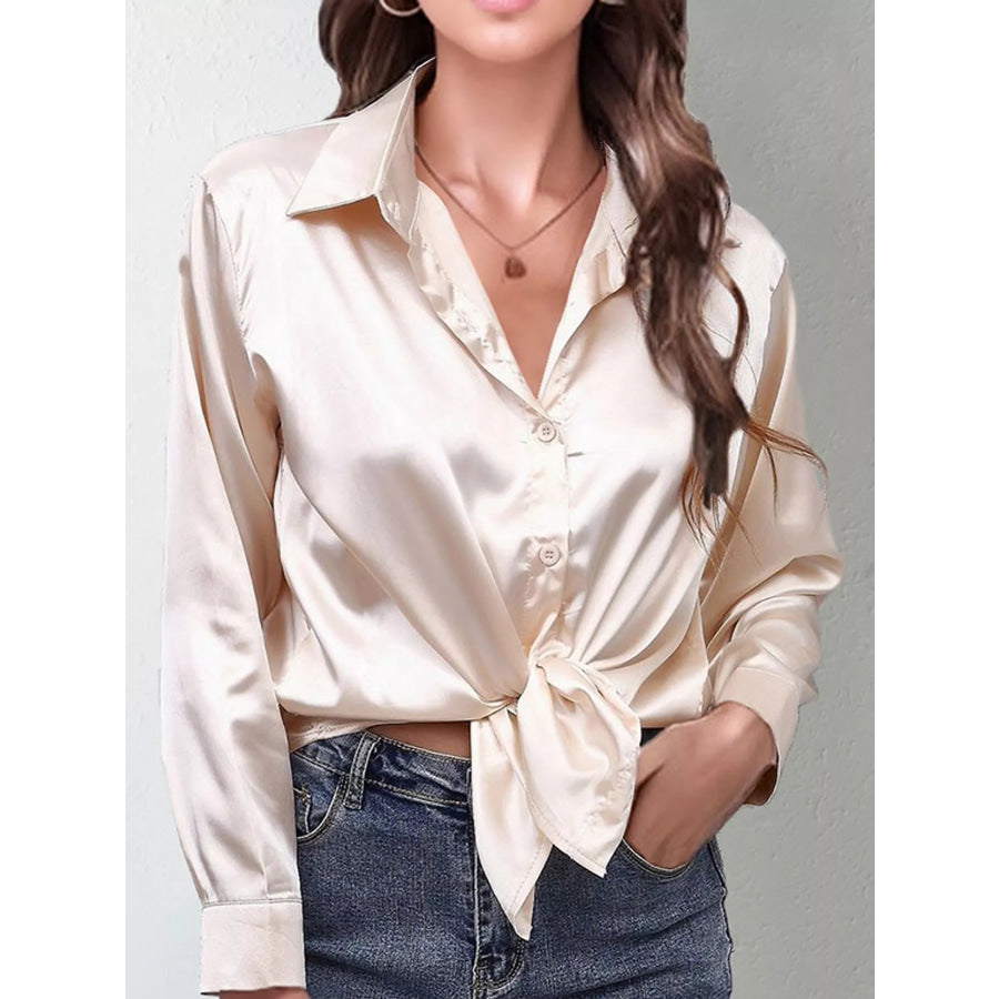 Satin Button-Down Long Sleeve Shirt Off-White / S Apparel and Accessories