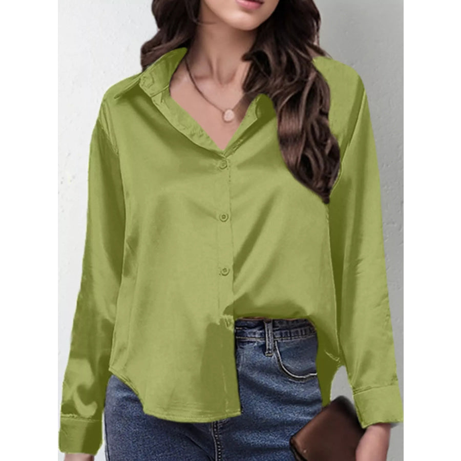 Satin Button-Down Long Sleeve Shirt Olive / S Apparel and Accessories