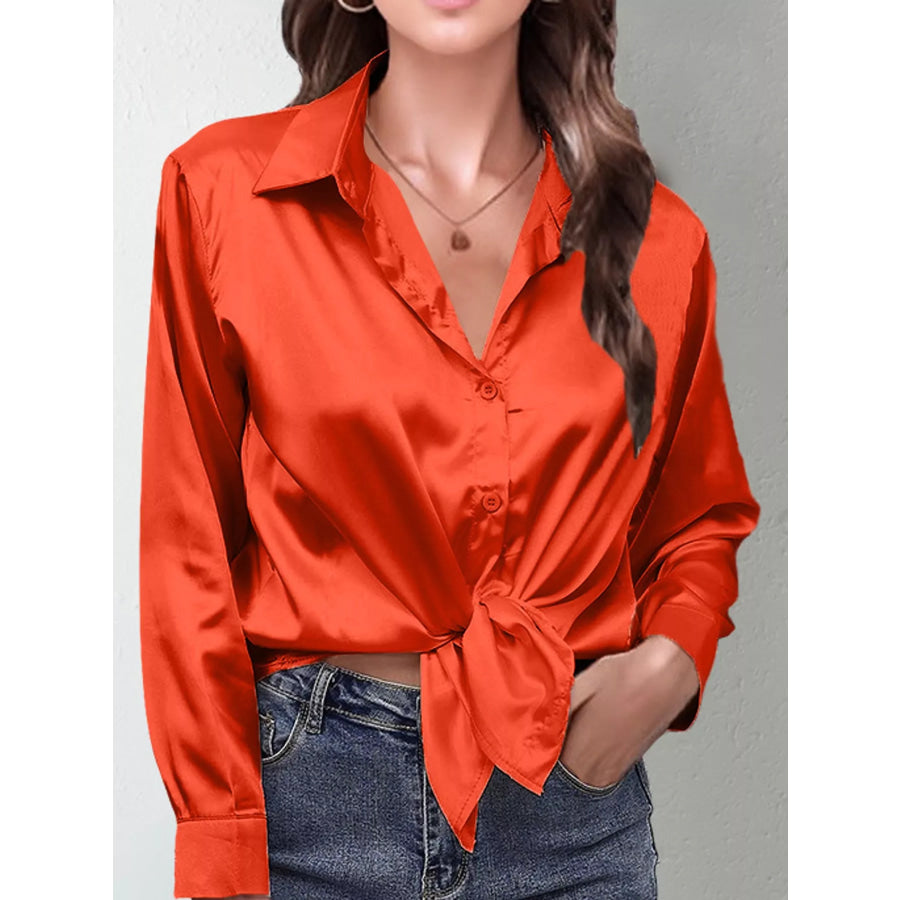 Satin Button-Down Long Sleeve Shirt Orange / S Apparel and Accessories