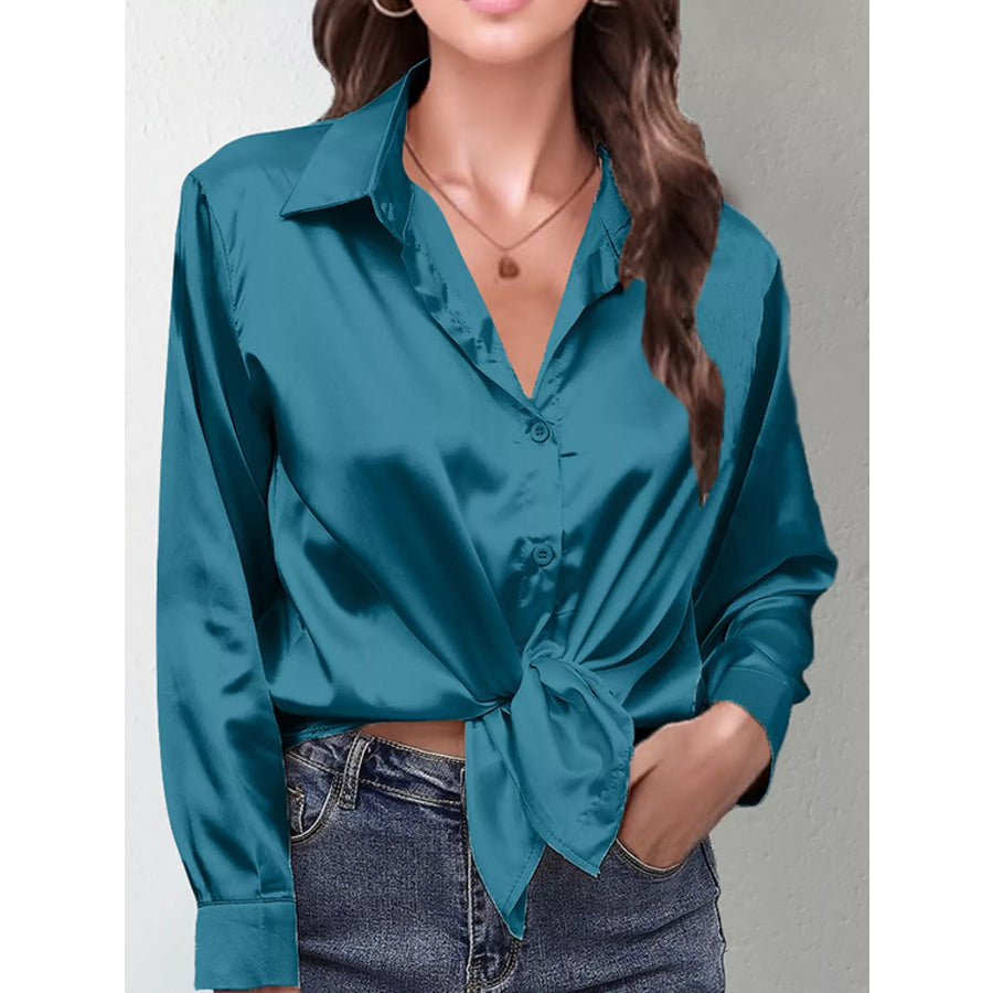 Satin Button-Down Long Sleeve Shirt Peacock Green / S Apparel and Accessories