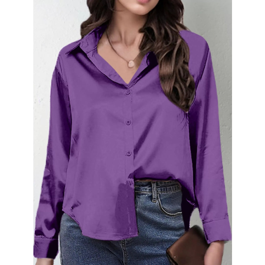 Satin Button-Down Long Sleeve Shirt Purple / S Apparel and Accessories