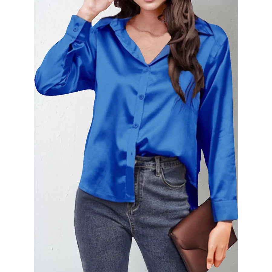 Satin Button-Down Long Sleeve Shirt Royal Blue / S Apparel and Accessories