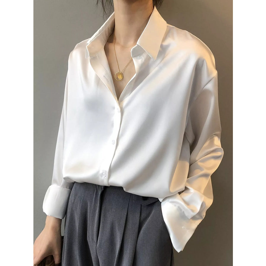 Satin Button-Down Long Sleeve Shirt White / S Apparel and Accessories