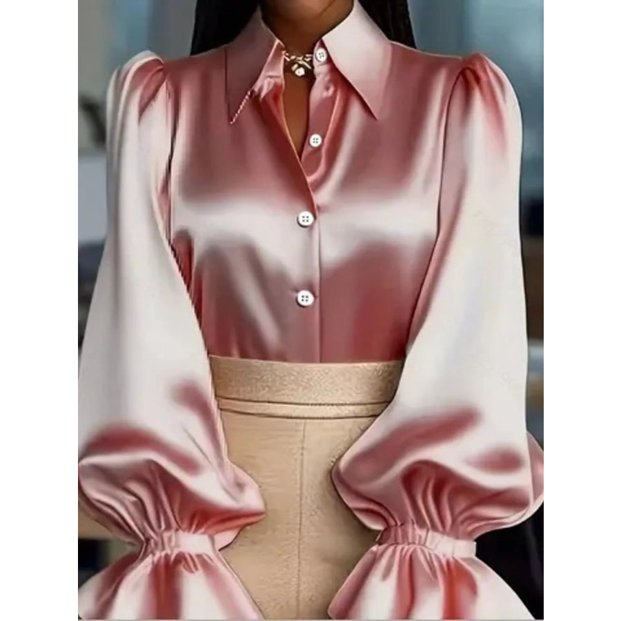 Satin Button Up Flounce Sleeve Shirt Apparel and Accessories