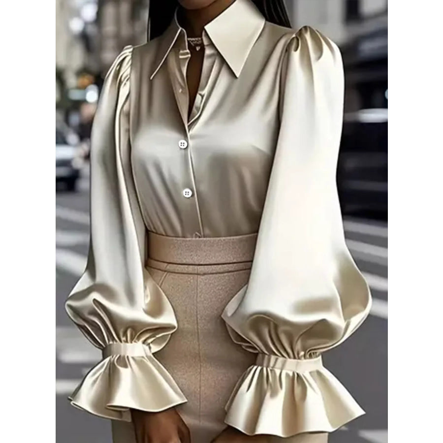 Satin Button Up Flounce Sleeve Shirt Apparel and Accessories