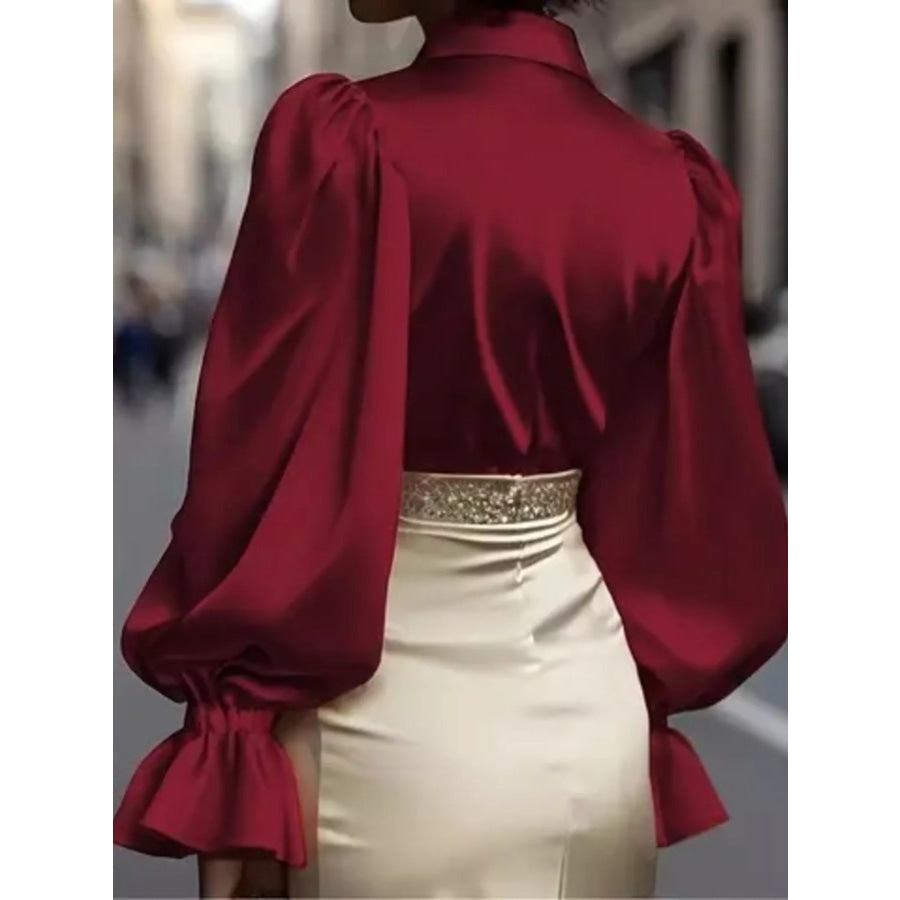 Satin Button Up Flounce Sleeve Shirt Apparel and Accessories