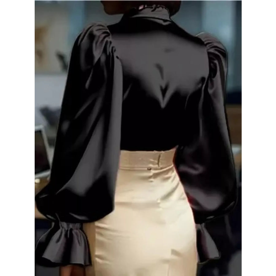 Satin Button Up Flounce Sleeve Shirt Apparel and Accessories