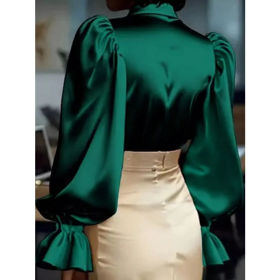 Satin Button Up Flounce Sleeve Shirt Apparel and Accessories