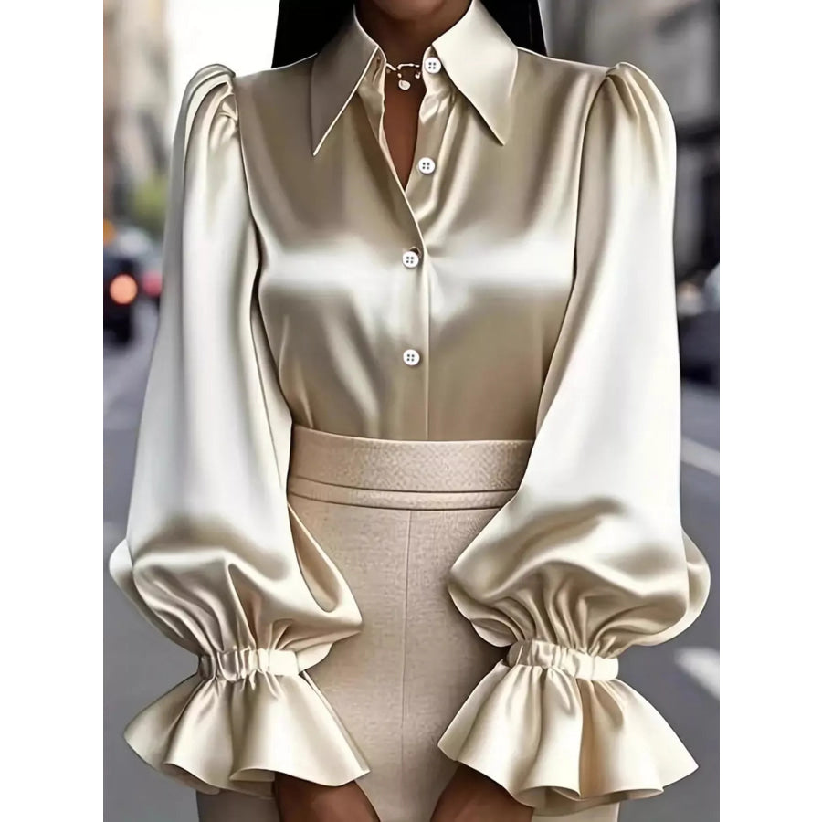 Satin Button Up Flounce Sleeve Shirt Apricot / S Apparel and Accessories