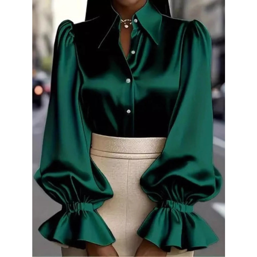 Satin Button Up Flounce Sleeve Shirt Green / S Apparel and Accessories