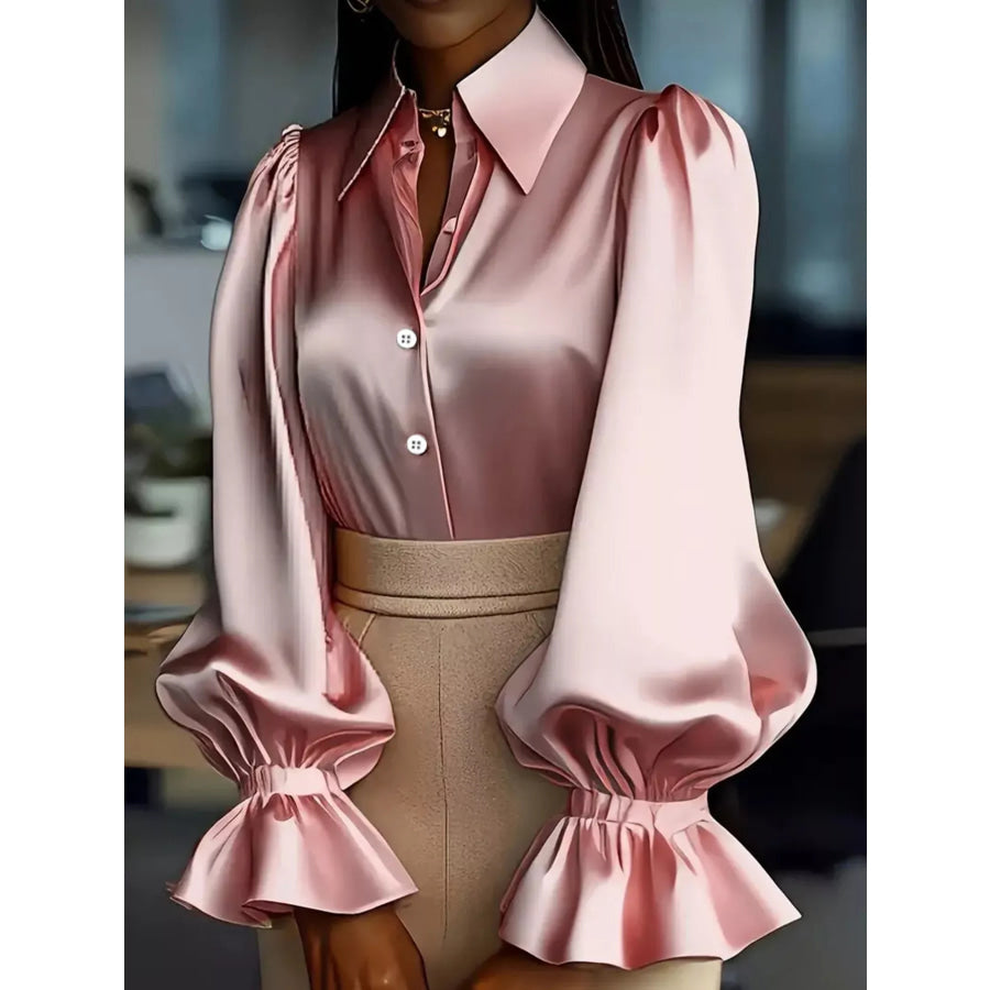 Satin Button Up Flounce Sleeve Shirt Pink / S Apparel and Accessories