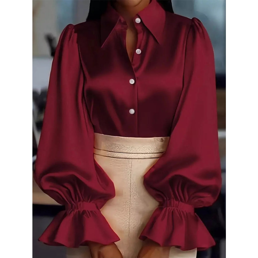 Satin Button Up Flounce Sleeve Shirt Wine Red / S Apparel and Accessories