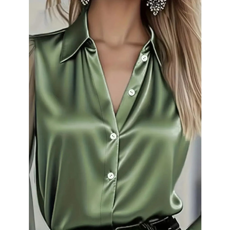 Satin Button Up Sheer Sleeve Shirt Apparel and Accessories