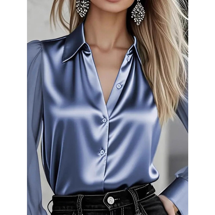 Satin Button Up Sheer Sleeve Shirt Apparel and Accessories