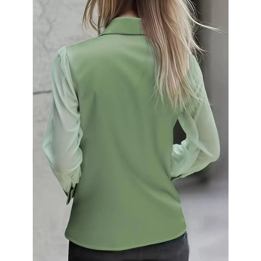 Satin Button Up Sheer Sleeve Shirt Apparel and Accessories