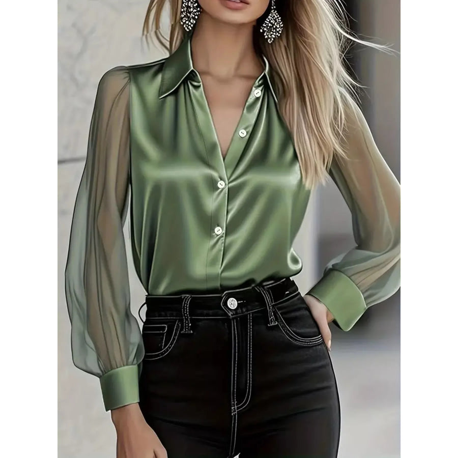 Satin Button Up Sheer Sleeve Shirt Green / S Apparel and Accessories