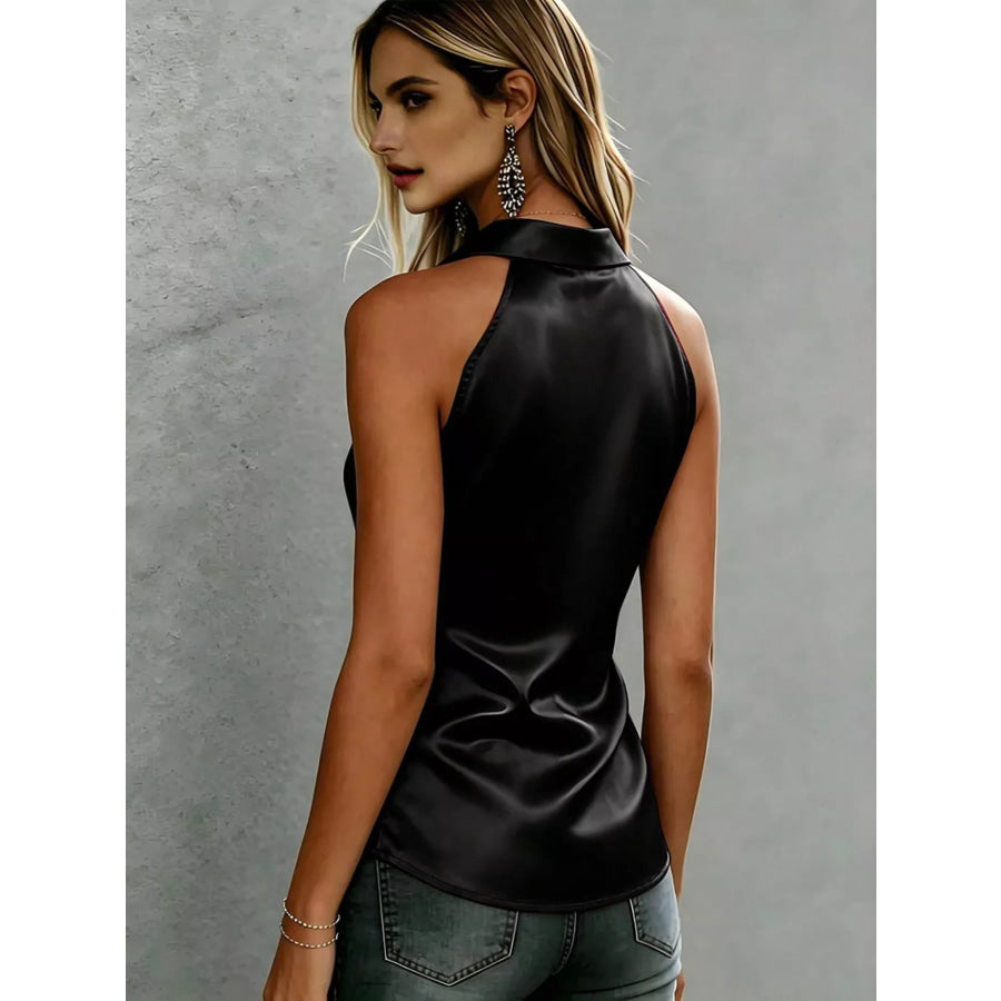 Satin Button Up Sleeveless Shirt Apparel and Accessories