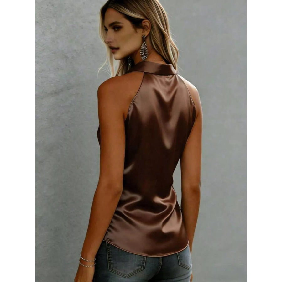 Satin Button Up Sleeveless Shirt Apparel and Accessories
