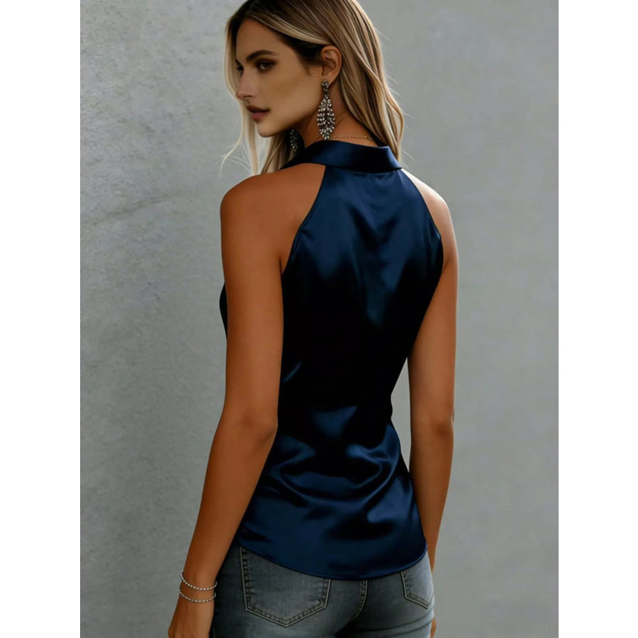 Satin Button Up Sleeveless Shirt Apparel and Accessories