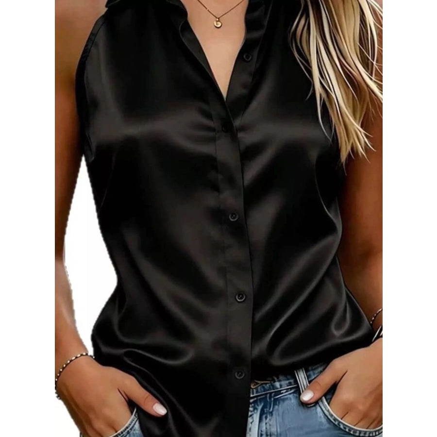 Satin Button Up Sleeveless Shirt Apparel and Accessories