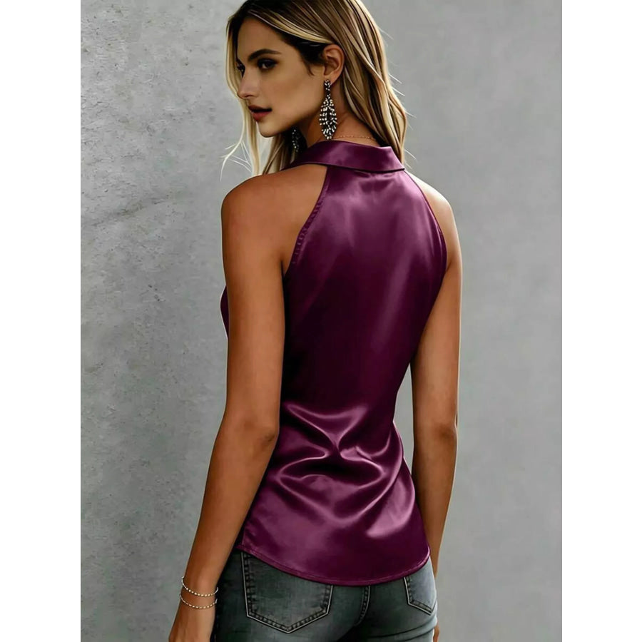 Satin Button Up Sleeveless Shirt Apparel and Accessories