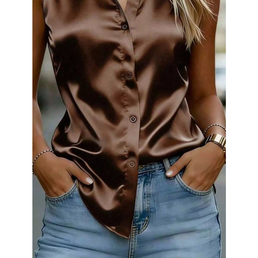 Satin Button Up Sleeveless Shirt Apparel and Accessories