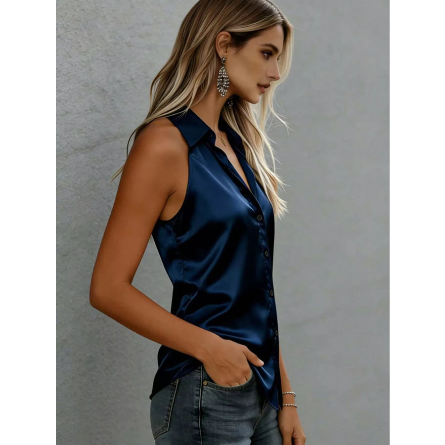 Satin Button Up Sleeveless Shirt Apparel and Accessories