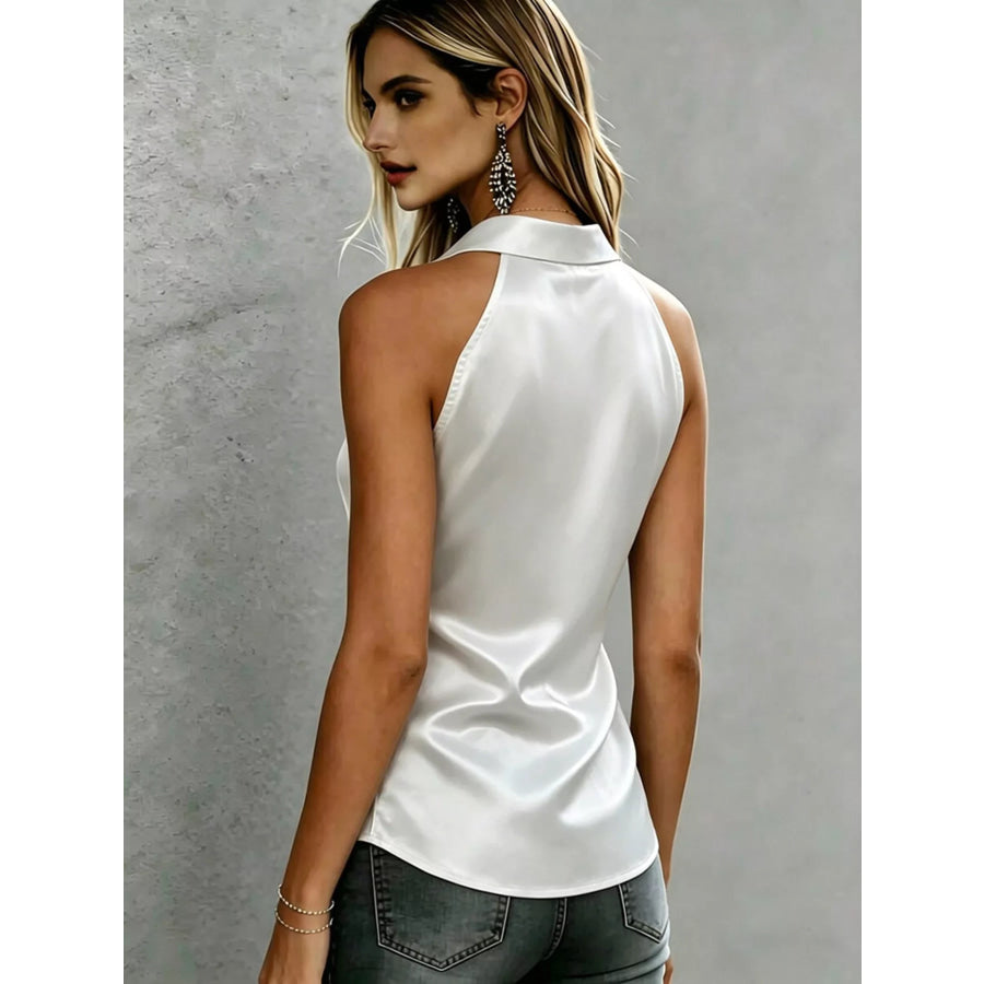 Satin Button Up Sleeveless Shirt Apparel and Accessories