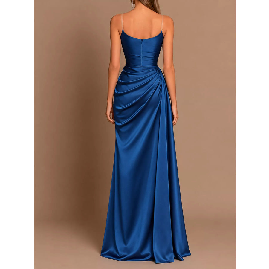 Satin Cowl Neck High Slit Evening Maxi Dress Blue / S Apparel and Accessories