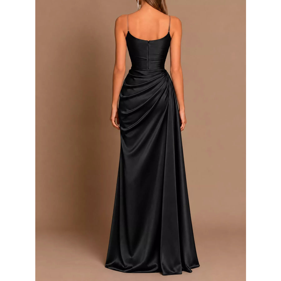 Satin Cowl Neck High Slit Evening Maxi Dress Apparel and Accessories