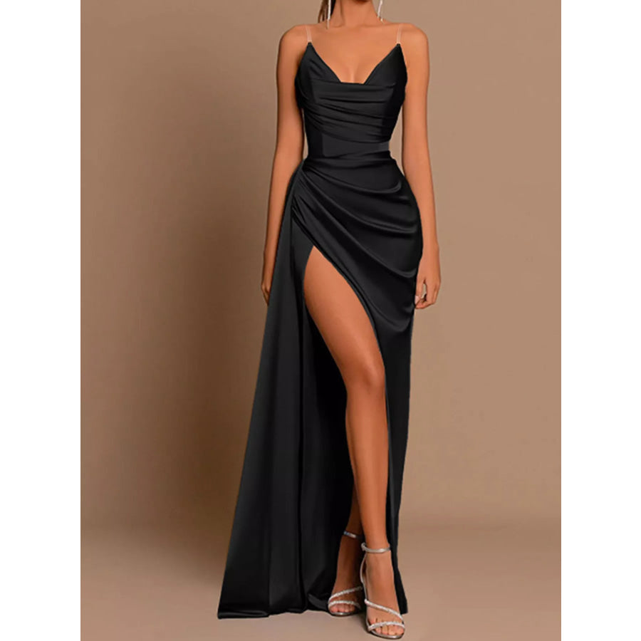 Satin Cowl Neck High Slit Evening Maxi Dress Black / S Apparel and Accessories