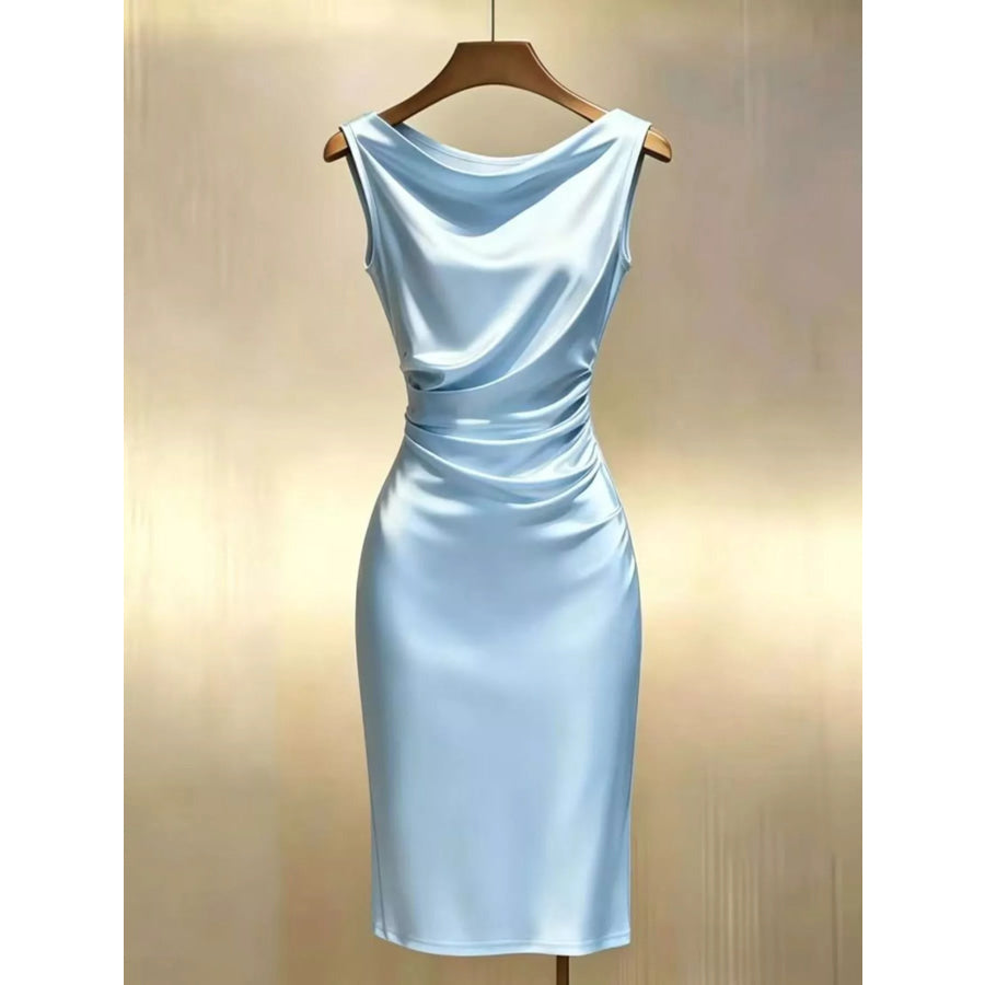 Satin Cowl Neck Ruched Sleeveless Dress Apparel and Accessories