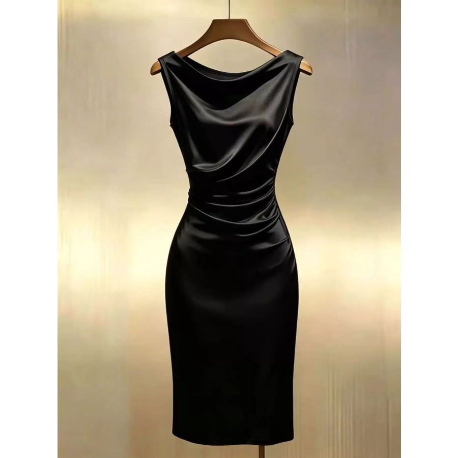 Satin Cowl Neck Ruched Sleeveless Dress Black / S Apparel and Accessories