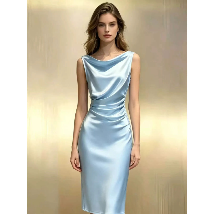 Satin Cowl Neck Ruched Sleeveless Dress Light Blue / S Apparel and Accessories
