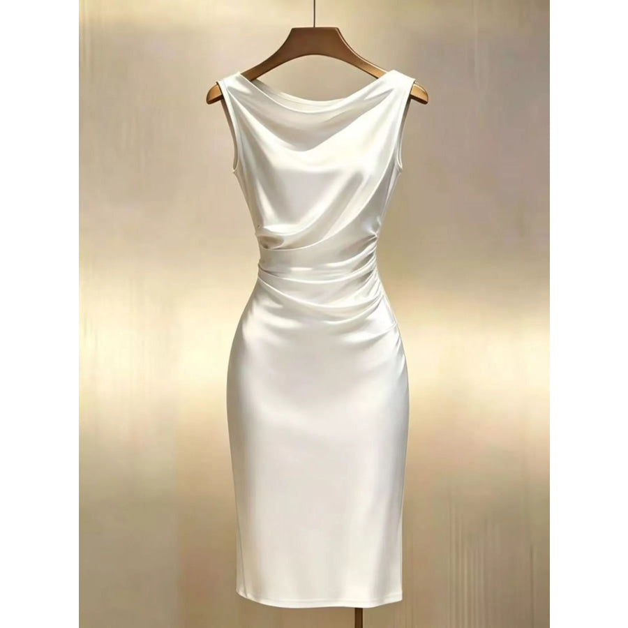 Satin Cowl Neck Ruched Sleeveless Dress White / S Apparel and Accessories