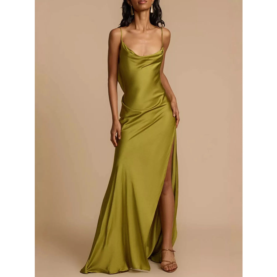 Satin Cowl Neck Slit Maxi Dress Apparel and Accessories