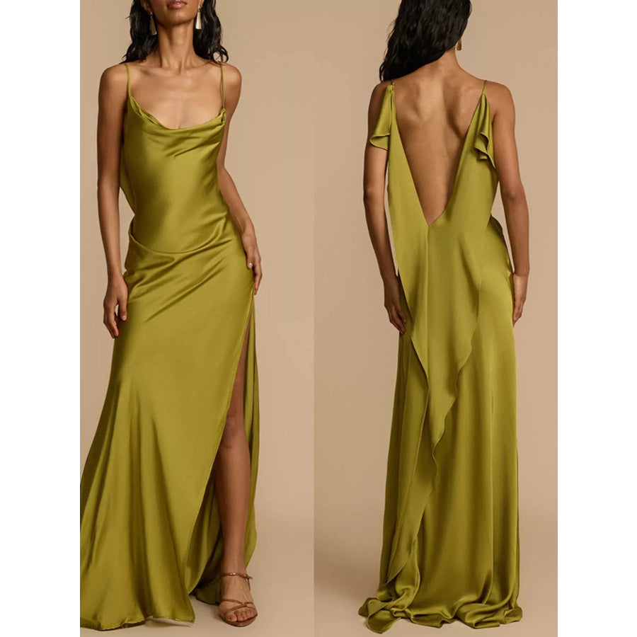 Satin Cowl Neck Slit Maxi Dress Apparel and Accessories