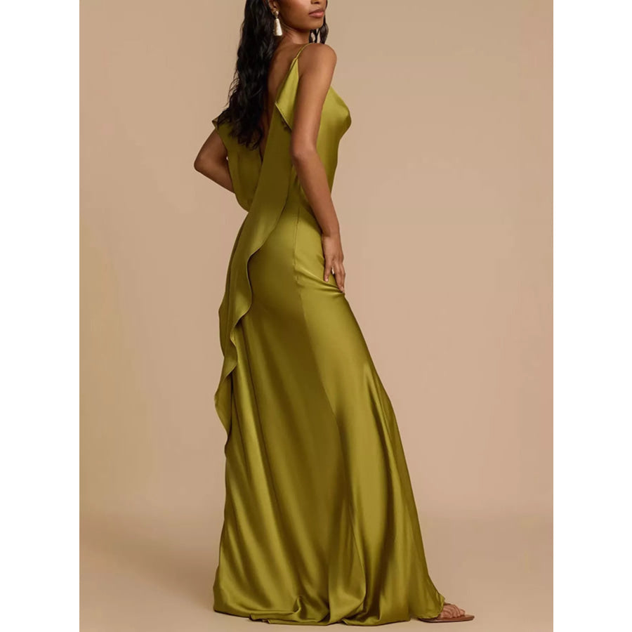 Satin Cowl Neck Slit Maxi Dress Apparel and Accessories
