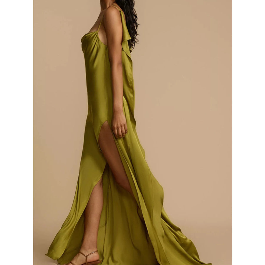Satin Cowl Neck Slit Maxi Dress Apparel and Accessories