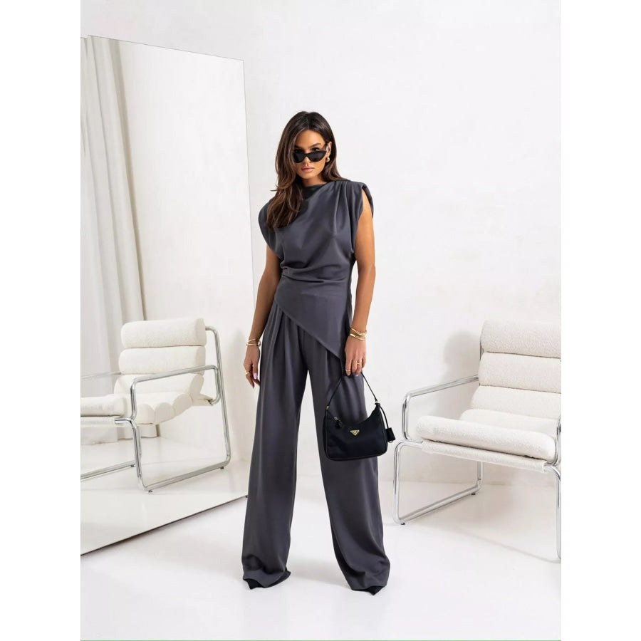 Satin Cowl Neck Top and Pants Set Dark Gray / S Apparel and Accessories