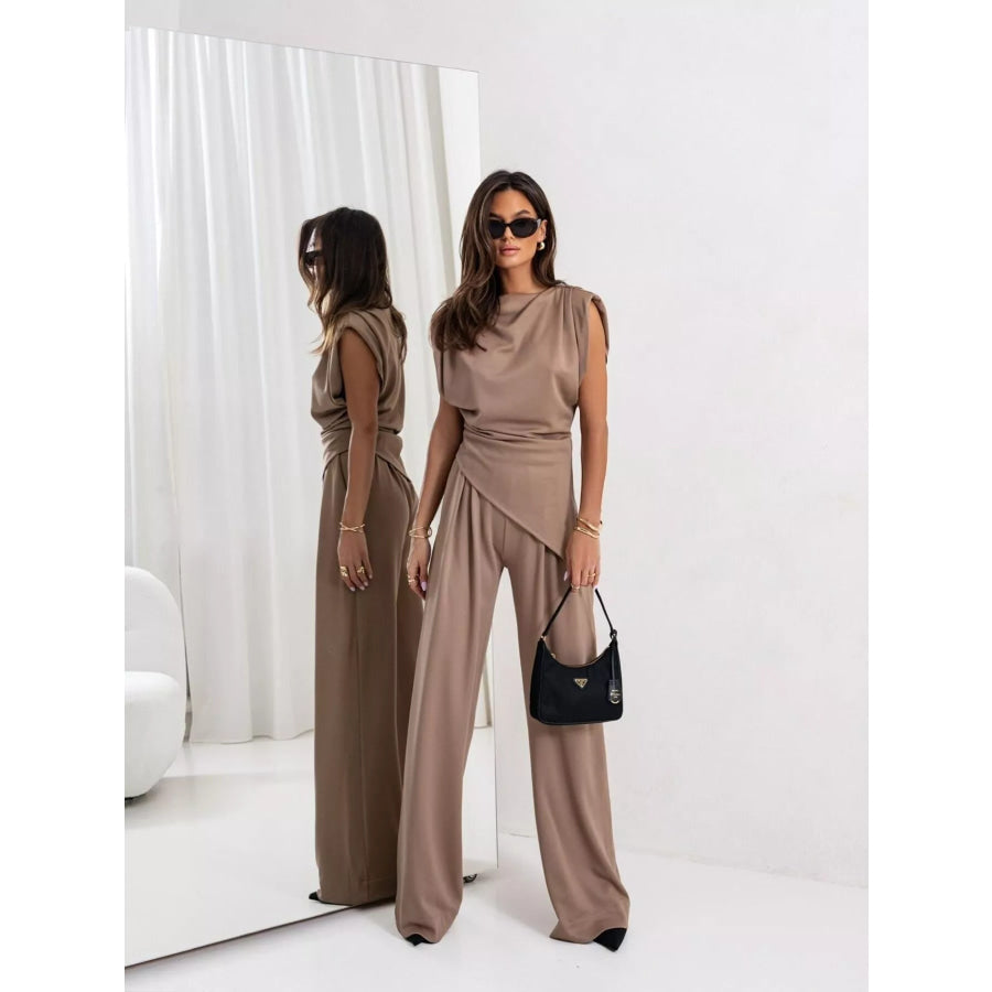 Satin Cowl Neck Top and Pants Set Taupe / S Apparel and Accessories