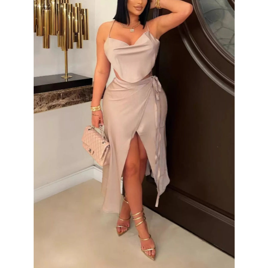 Satin Halter Neck Crop Top and Wrap Skirt Set Champagne / S Apparel and Accessories
