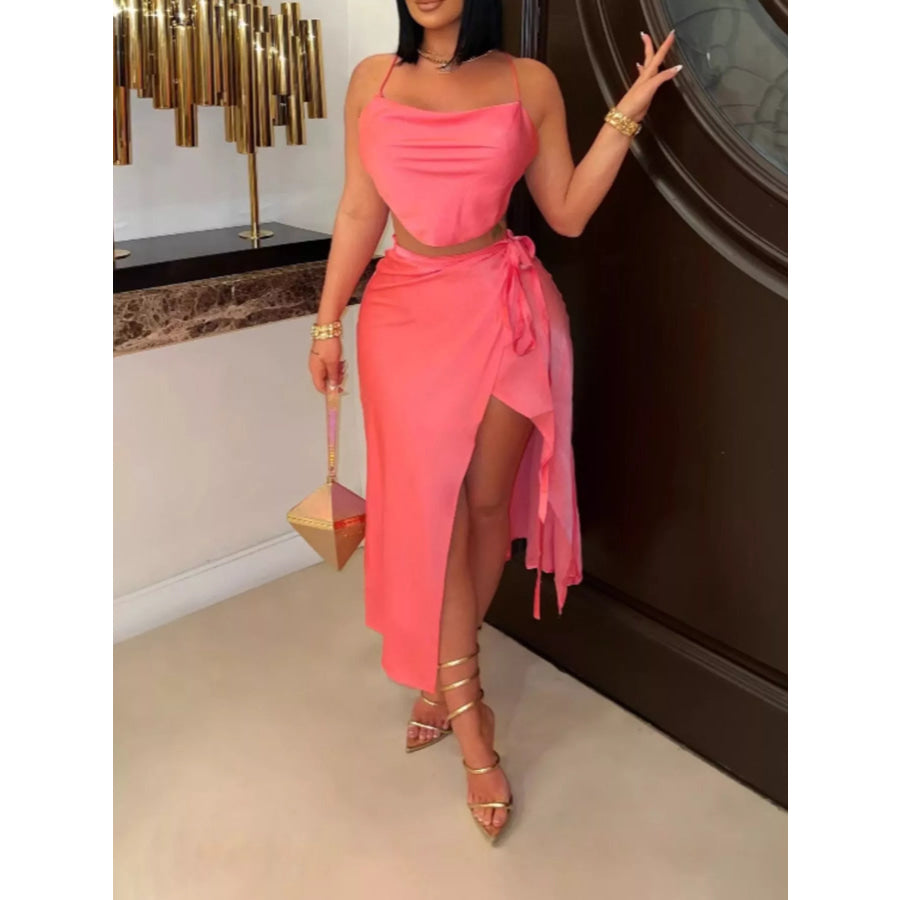 Satin Halter Neck Crop Top and Wrap Skirt Set Watermelon Red / S Apparel Accessories