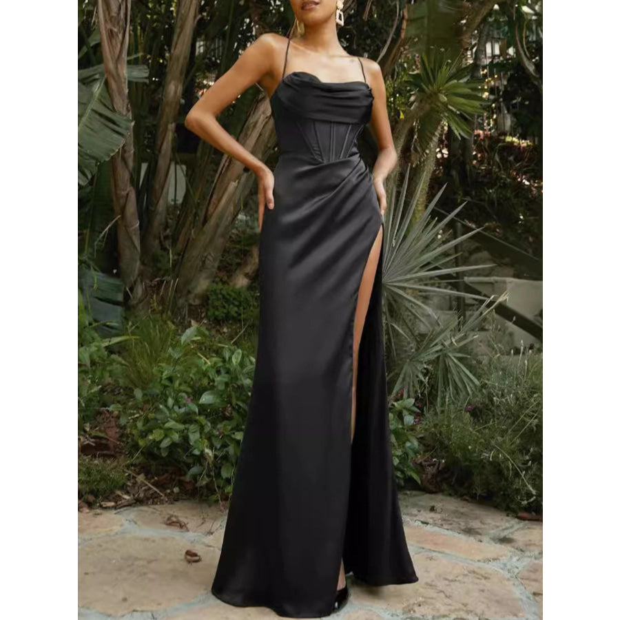 Satin High-Slit Cami Maxi Dress Black / S Apparel and Accessories