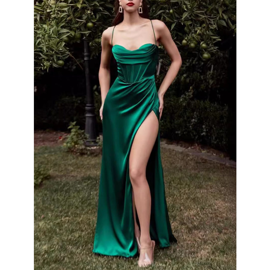 Satin High-Slit Cami Maxi Dress Green / S Apparel and Accessories